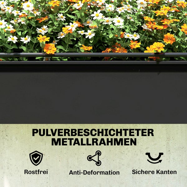Schwarzer pulverbeschichteter Metallrahmen eines Pflanzkastens mit Blumen. Symbole für rostfrei, verformungsbeständig und sichere Kanten.