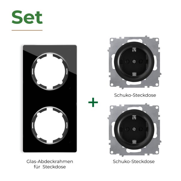 Set bestehend aus doppeltem Glas Abdeckrahmen und zwei Schuko Steckdosen Einsätzen für die Unterputz Montage