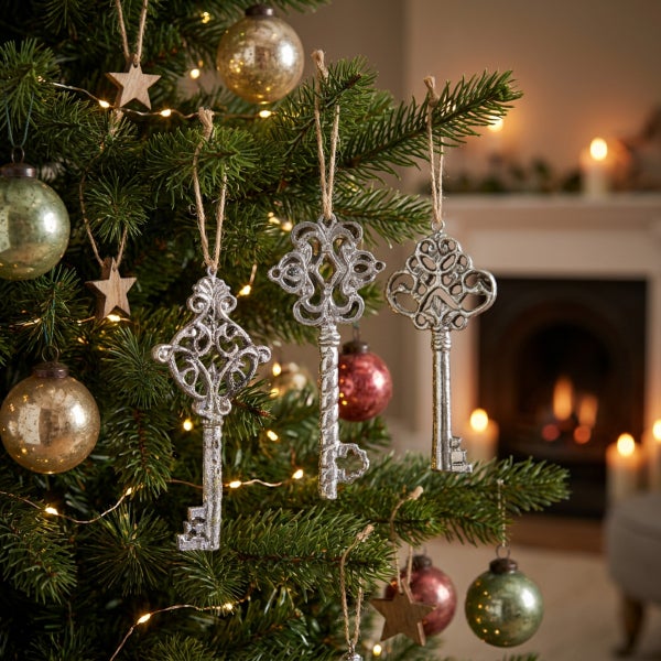 Drei dekorative Weihnachtsanhänger in Schlüsselform mit filigranen Verzierungen aus Metall am Weihnachtsbaum.