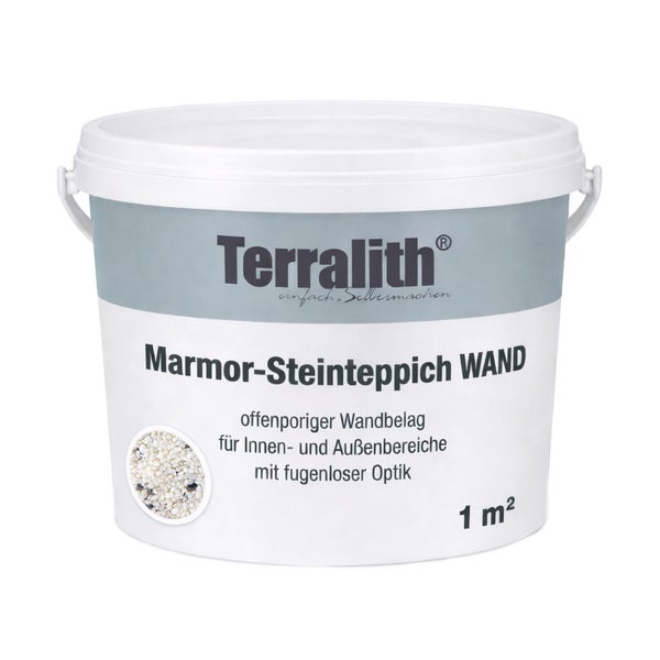 Weißer Eimer mit Terralith Marmor-Steinteppich Wand für Innen- und Außenbereiche, Reichweite für circa einen Quadratmeter.