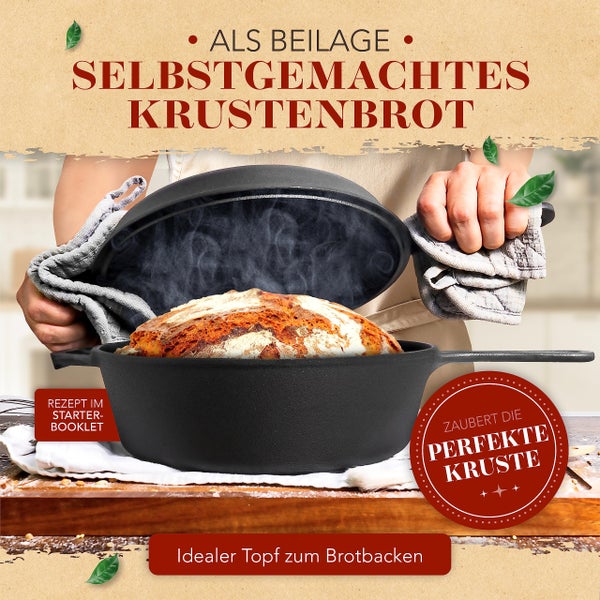 KRUSTENZAUBER Gusseisen Topf [inkl. Fleischgabel] - Robuster 26cm Gusseisen Bräter mit Deckel Backofengeeignet - Ideal als Schmortopf Induktion, Dutch Oven Set, Kazan, Cast Iron Pot, Kochtopf