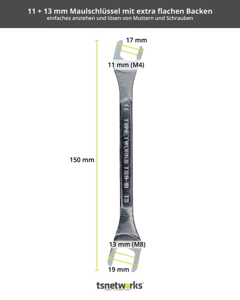 Maulschlüssel extra flach 11 + 13mm, Schraubenschlüssel extrem stabil, Gabelschlüssel für F Stecker & enge Stellen, professioneller Montageschlüssel, zur Sat Schüssel Fixierung