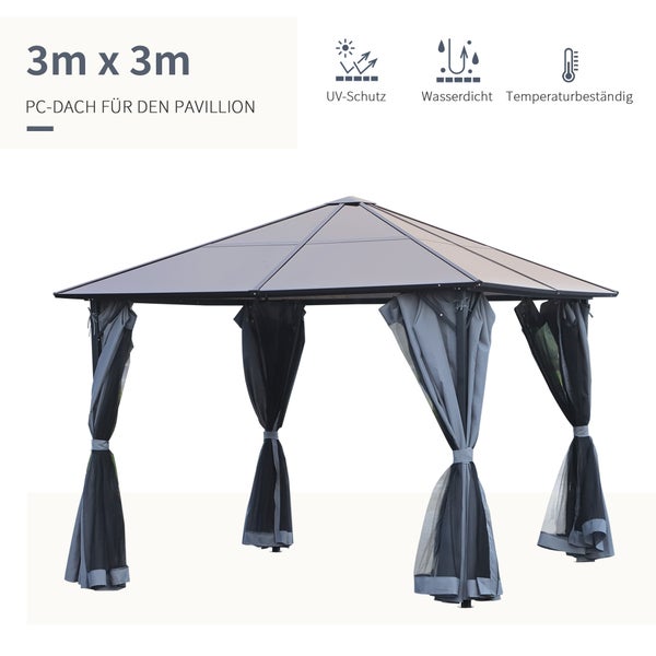 Outsunny Pavillon, 3 x 3m Gartenpavillon, 300L x 300B x 265H cm, PC, Alu, Dunkelgrau