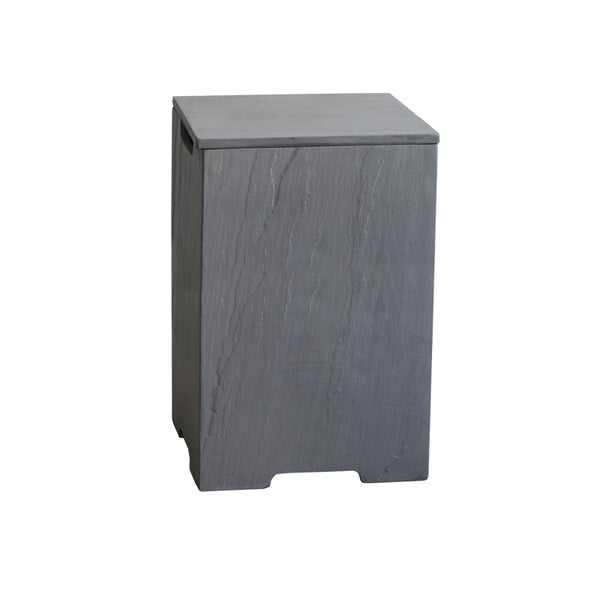 Graue, rechteckige Aufbewahrungsbox aus Beton mit Holzoptik-Textur und Deckel.