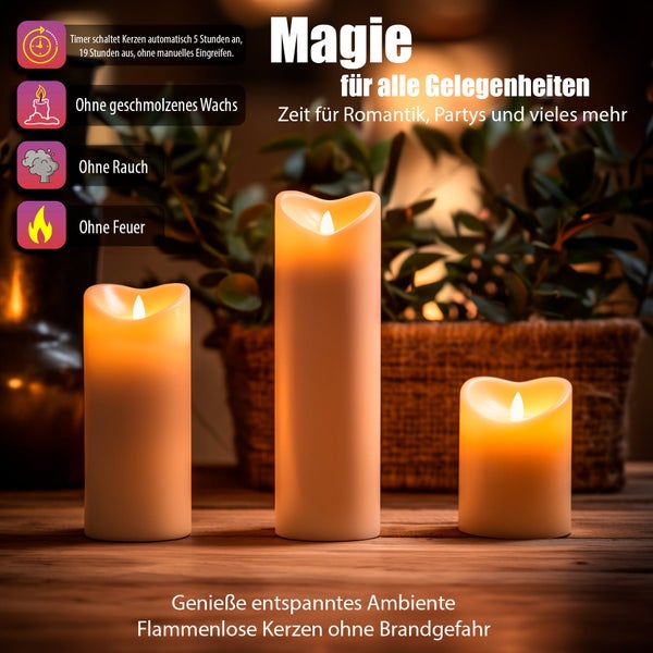 Drei flammenlose LED Kerzen mit Timerfunktion in verschiedenen Groessen auf einem Holztisch fuer ein sicheres und stimmungsvolles Ambiente.