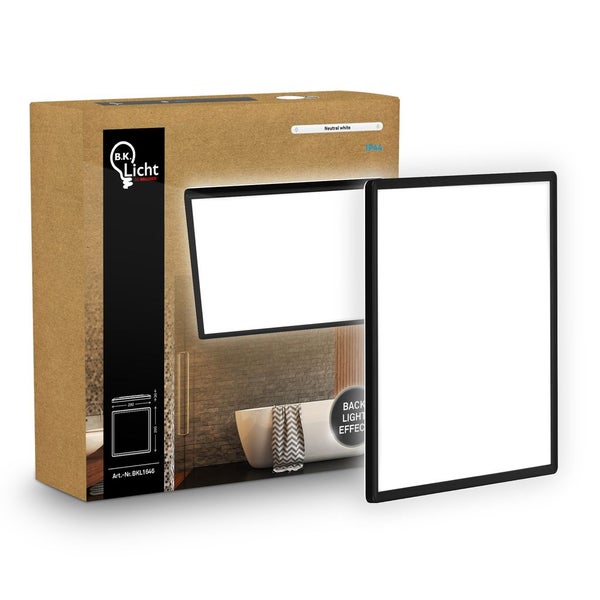 B.K. Licht LED Panel rechteckig mit schwarzem Rahmen, Backlight Effekt, Neutralweiß, IP44 Schutzart und B.K. Licht Logo.