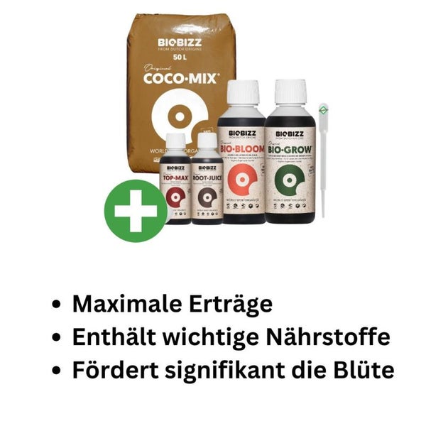BioBizz Coco Mix Set Medium – 50L Kokos-Substrat + Bio Grow, Bloom, Top-Max & Root Juice – Premium-Komplettset für kräftiges Wachstum & Blüte inkl. Pipette