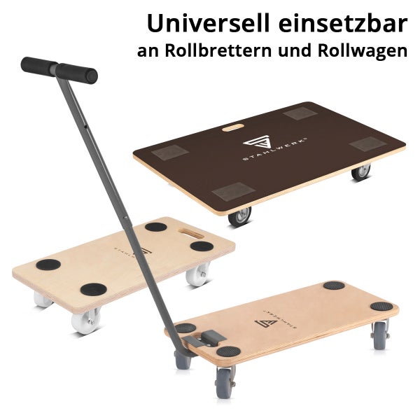 Stahlwerk Transporthilfen bestehend aus Holz-Rollbrettern mit Antirutschpads und einer optionalen Griffstange.