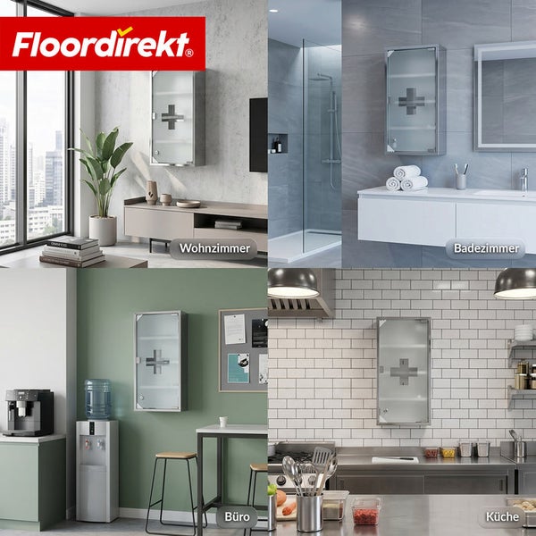 Floordirekt Logo. Erste-Hilfe-Schrank aus Edelstahl mit Glastür montiert in Wohnzimmer, Badezimmer, Büro und Küche.