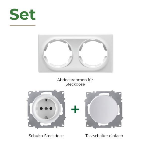 Set bestehend aus zweifach Abdeckrahmen, Schuko Steckdose und einfachem Tastschalter für die Elektroinstallation.