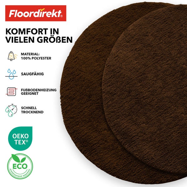 Zwei braune, runde Badteppiche aus Polyester der Marke Floordirekt