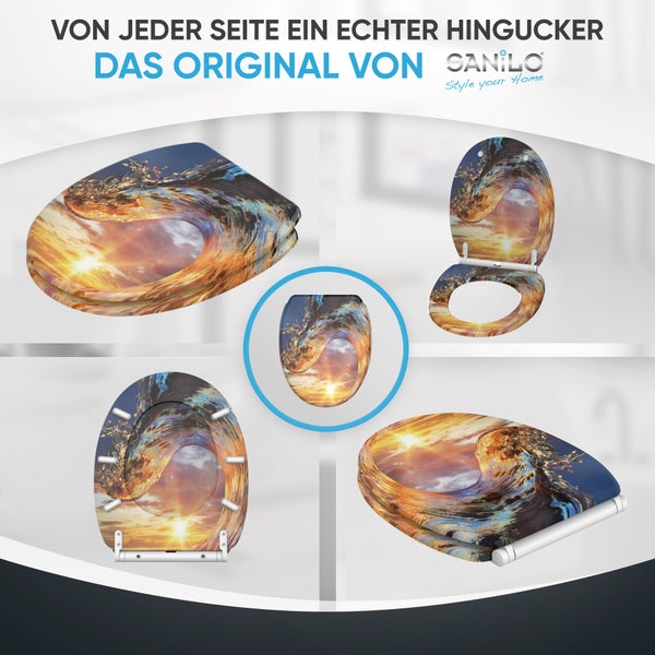 WC-Sitz mit Sonnenuntergangs- und Meereswellen-Motiv in verschiedenen Ansichten, offen und geschlossen. Sanilo Logo.