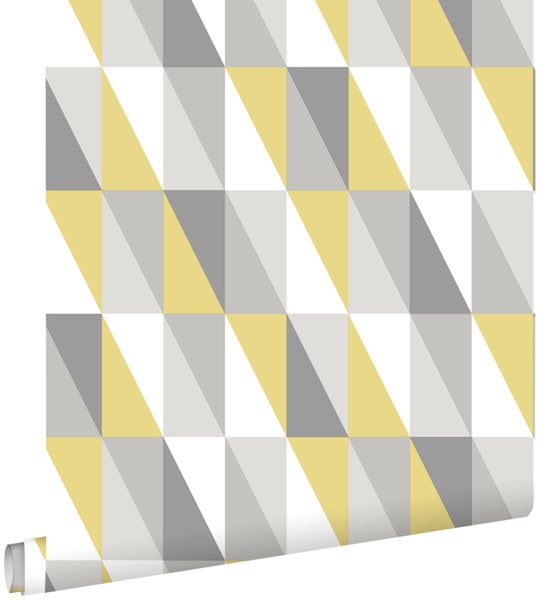 ESTAhome Tapete grafische Dreiecke Ockergelb und Grau - 53 cm x 10.05 m - 138921