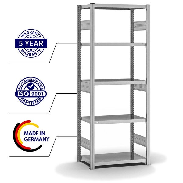 PROREGAL Fachbodenregal Stecksystem T-Profil Heavy-Duty Grundregal HxBxT 200 x 75 x 40 cm 5 Ebenen Fachlast 315 kg Beidseitig Nutzbar Verzinkt