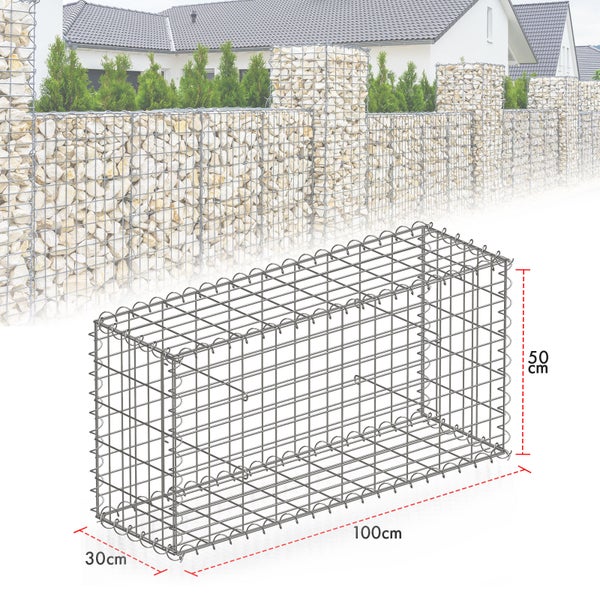 FLOORDIREKT Gabionenkorb Lenox -Steinkorb Zaun Sichtschutz Verzinkt 100 x 50 x 30 cm