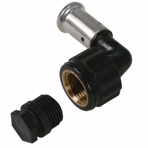 Winkel-Pressfitting mit Innengewinde und Stopfen aus Kunststoff und Metall für Wasserinstallationen.