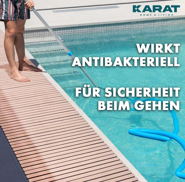 Szene mit Poolreinigungsgerät und Text 'Wirkt antibakteriell für Sicherheit beim Gehen'