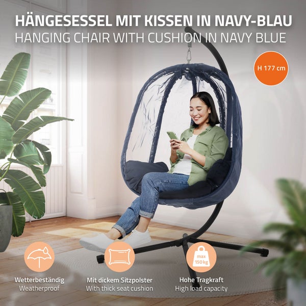 ML-Design Hängesessel mit Gestell und Sitzkissen + Abdeckung, Navyblau, Indoor & Outdoor, Hängesesselgestell mit Hängestuhl und Schutzhülle, Hängekorb Gestell aus Stahl, Garten & Balkon Hängeschaukel