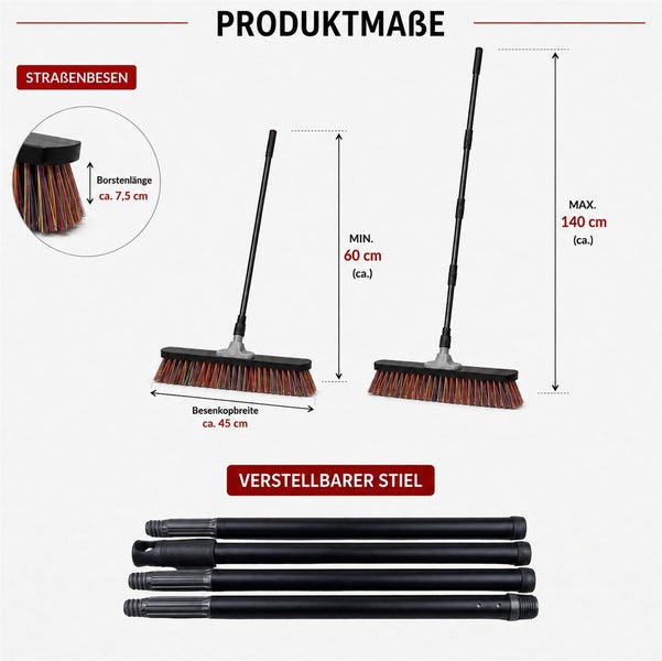 Produktmaßskizze eines Straßenbesens mit verstellbarem Stiel von 60 bis 140 Zentimeter Länge und einer Kopfbreite von 45 Zentimetern.