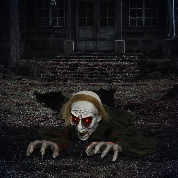 HOMCOM 167cm Halloween-Dekoration Zombie Untoter, Lebensechte Größe Halloween-Zombie mit Rot Leuchtende Augen, Garten Dekoration mit Heul-Geräusch
