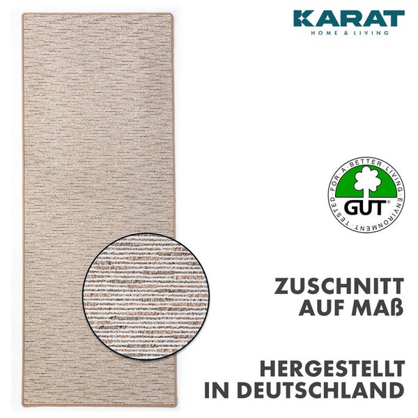 Teppichläufer nach Maß mit gerippter Struktur, Karat Home & Living Logo, Siegel für umweltfreundliche Teppiche, hergestellt in Deutschland.