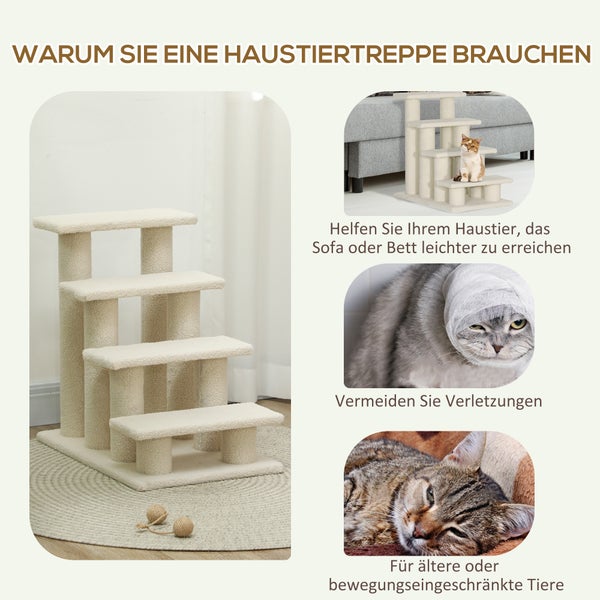 PawHut Tiertreppe Katzentreppe Hundetreppe Treppe für Katze und Hunde 4 Stufen Cremeweiß 63,5x43x60cm