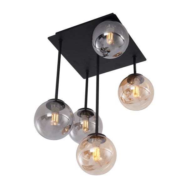 Deckenleuchte mit fünf Glaskugeln und schwarzer Halterung