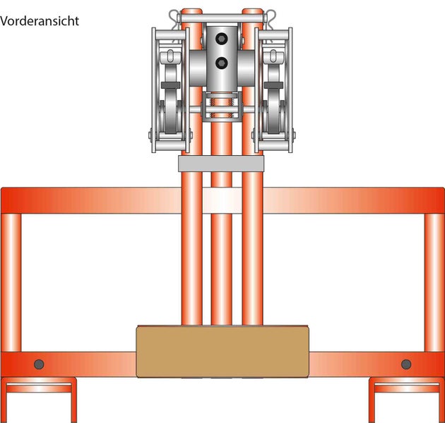 Vorderansicht einer technischen Zeichnung einer mechanischen Metallkonstruktion.