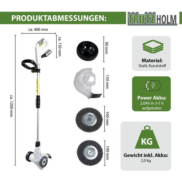 Produktübersicht und Abmessungen eines Trutzholm Akku Fugenreinigers mit Zubehör wie Bürsten, Rad und Schutzhaube.