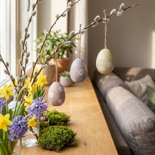 Osterdekoration mit Weidenkätzchenzweigen, hängenden Ostereiern mit Blumenmuster und Frühlingsblumen auf einem Holztisch.