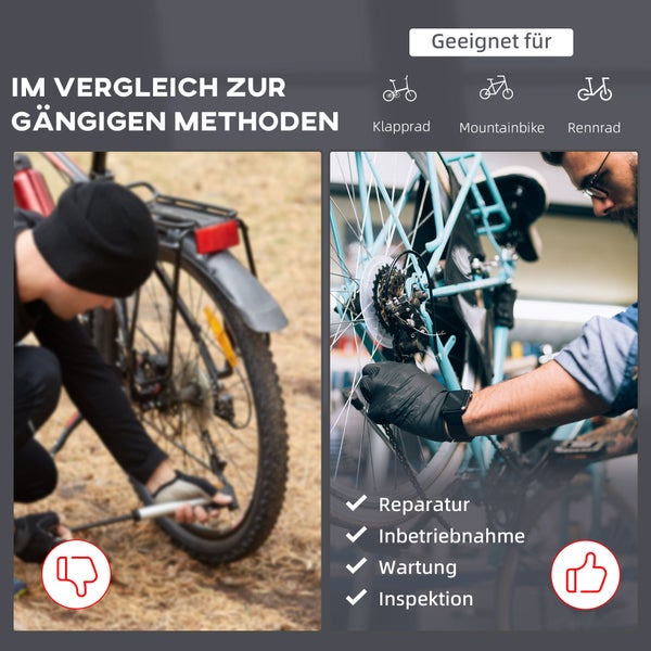 HOMCOM Fahrradmontageständer, Reparaturständer mit Werkzeugablage, L100 x B66 x H109 -180 cm, Stahlrohr, PP + Q195 Stahl, Schwarz