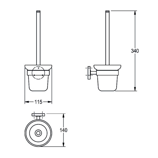 Technische Zeichnung einer Wand-WC-Bürstengarnitur mit Maßangaben: Höhe 340 Millimeter, Breite 115 Millimeter und Tiefe 140 Millimeter.