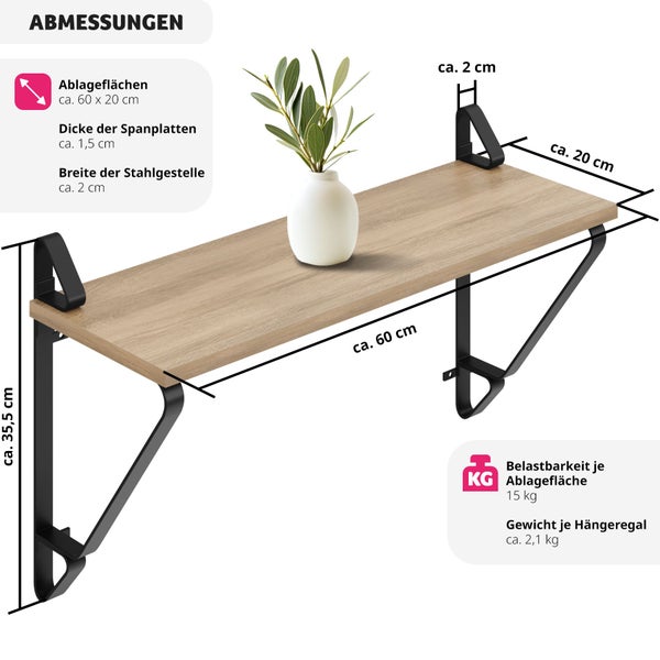 2er Set Wandregal tectake Irvine 60 x 20 x 33,5 cm Industrial Style Industrial Holz hell, Eiche Sonoma
