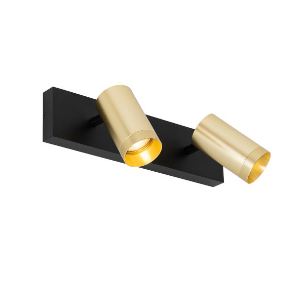 Wandleuchte mit zwei goldenen Strahlern auf schwarzer Halterung