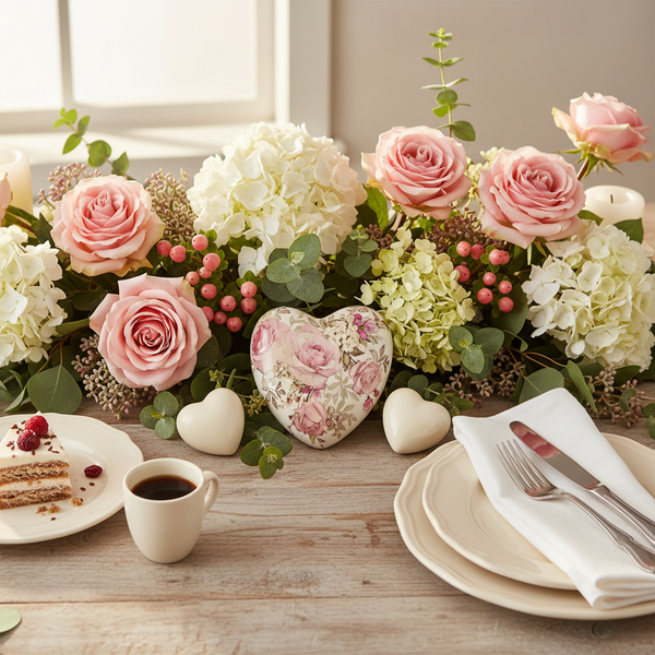 Festlich dekorierter Holztisch mit Blumenarrangement aus rosa Rosen und Hortensien, einem verzierten Deko-Herz, Kaffeetasse und Kuchenteller.