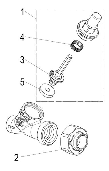 Technische Zeichnung in Explosionsdarstellung einer Armatur mit nummerierten Komponenten wie Gehäuse DN 15, Dichtung und Ventileinsatz.