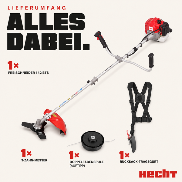Hecht 142 BTS Freischneider Set mit 3-Zahn-Messer, Doppelfadenspule und Rucksack-Tragegurt.