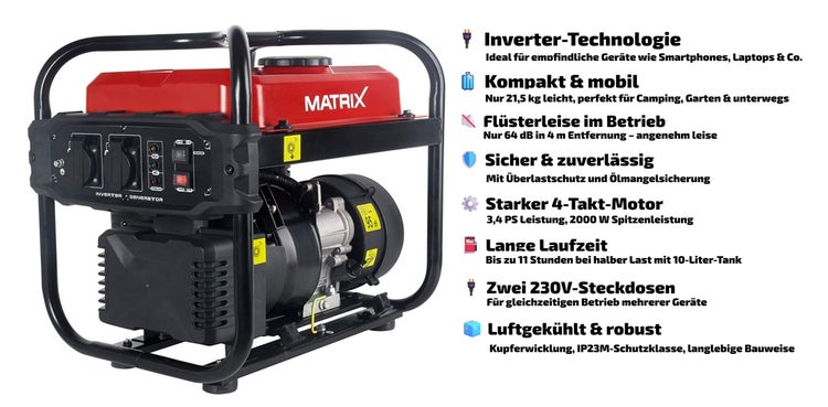 Inverter Stromerzeuger Matrix IG 2000i – Benzin, 2000 Watt, kompakt, tragbar