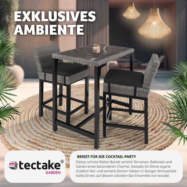Rattan Tisch Kutina mit 2 Stühlen Latina tectake  Beine aus Holz mit Aluminiumgestellen grau