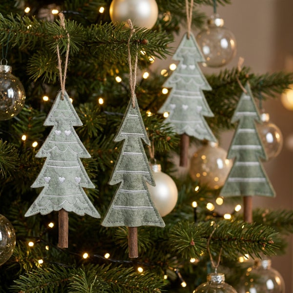 Weihnachtsbaumschmuck aus Filz in Tannenbaumform hängend an einem geschmückten Weihnachtsbaum mit Lichterkette und Glaskugeln.