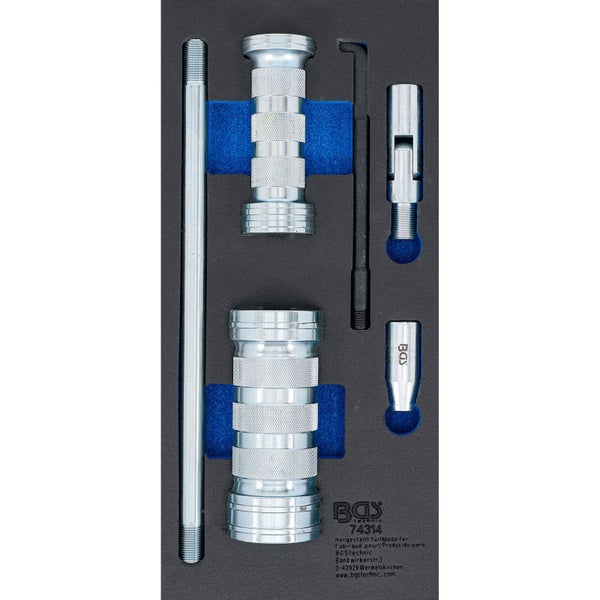 BGS Injektoren-Auszieh-Satz mit Gleithammer, Gewindestange und Adaptern in Schaumstoffeinlage.