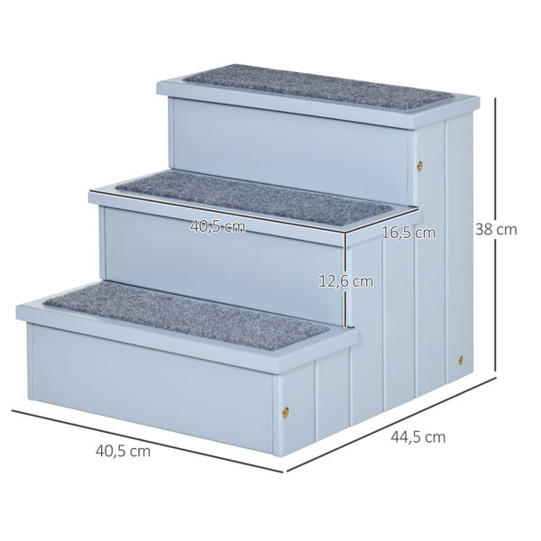 PawHut Hundetreppe 3 Stufen Katzentreppe Haustiertreppe Hundetreppe für Hunde und Katzen Tiertreppe Einstiegshilfe mit Teppich Stauraum für Sofa Bett Tannenholz Grau 40,5 x 44,5 x 38 cm