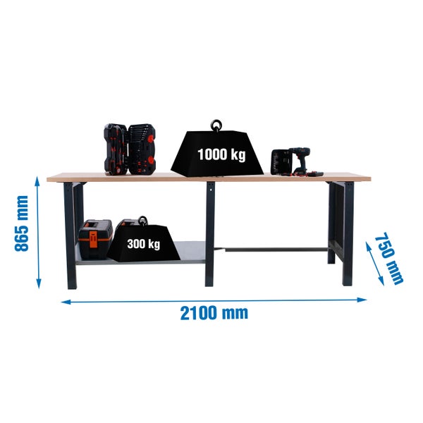 Werkbank BUFFALO WOOD | HxBxT 86,5x210x75cm | Traglast 1000kg | Anthrazit