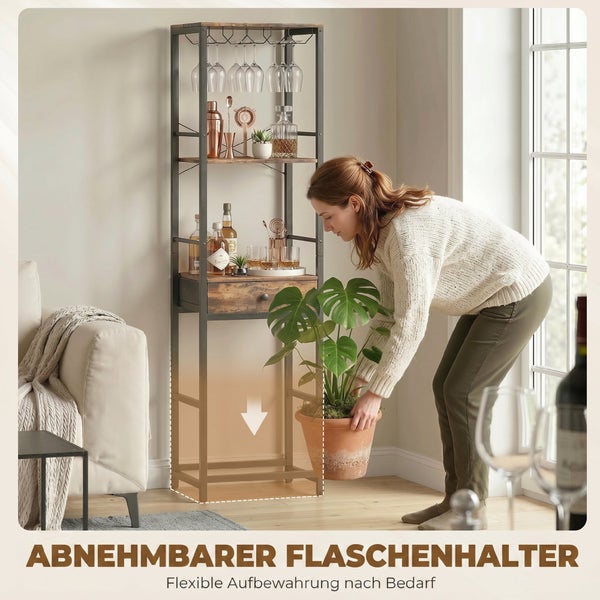 Hohes Barregal im Industriedesign aus Metall und Holz mit Glashalterung, Schublade und anpassbarem Fach für Pflanzen oder Flaschen.