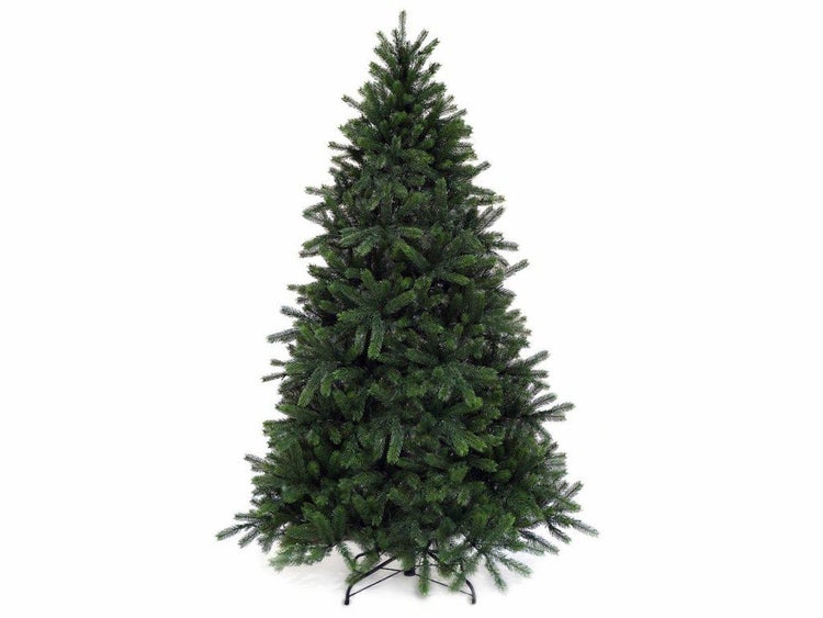 Künstlicher Weihnachtsbaum mit vollen Nadelzweigen und einem stabilen Metallständer für eine festliche Dekoration.