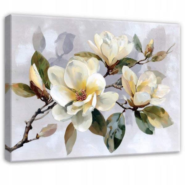Wandbild auf Leinwand mit Magnolienblüten im Stil eines Ölgemäldes.