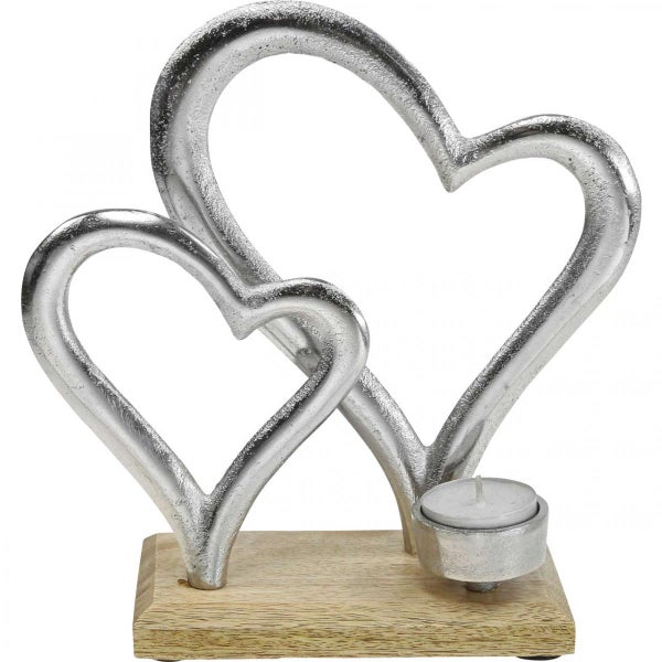 Dekorative Teelichthalterung mit zwei Herzen auf Holzsockel