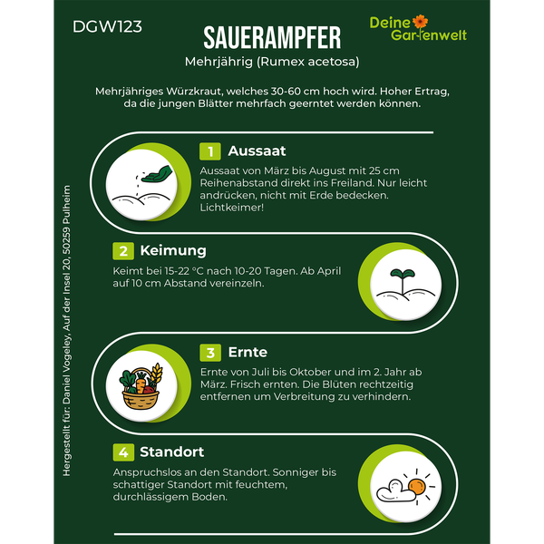 Infografik zum Anbau von Sauerampfer (Rumex acetosa). Informationen zu Aussaat, Keimung, Ernte und Standort. Deine Gartenwelt Logo.