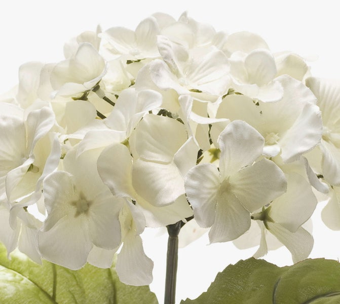 Künstliche Hortensie mit weißer Blüte und grünen Blättern an einem langen Stiel.