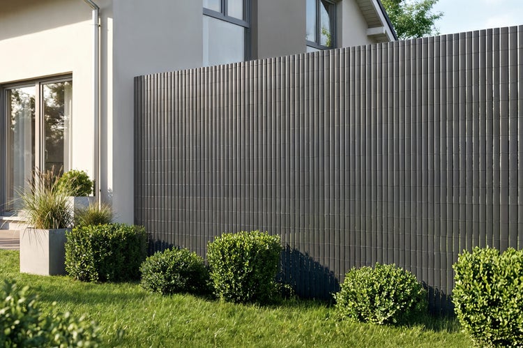Moderne Sichtschutzmatte aus Kunststoff vor einem Wohnhaus mit Gartenbepflanzung.